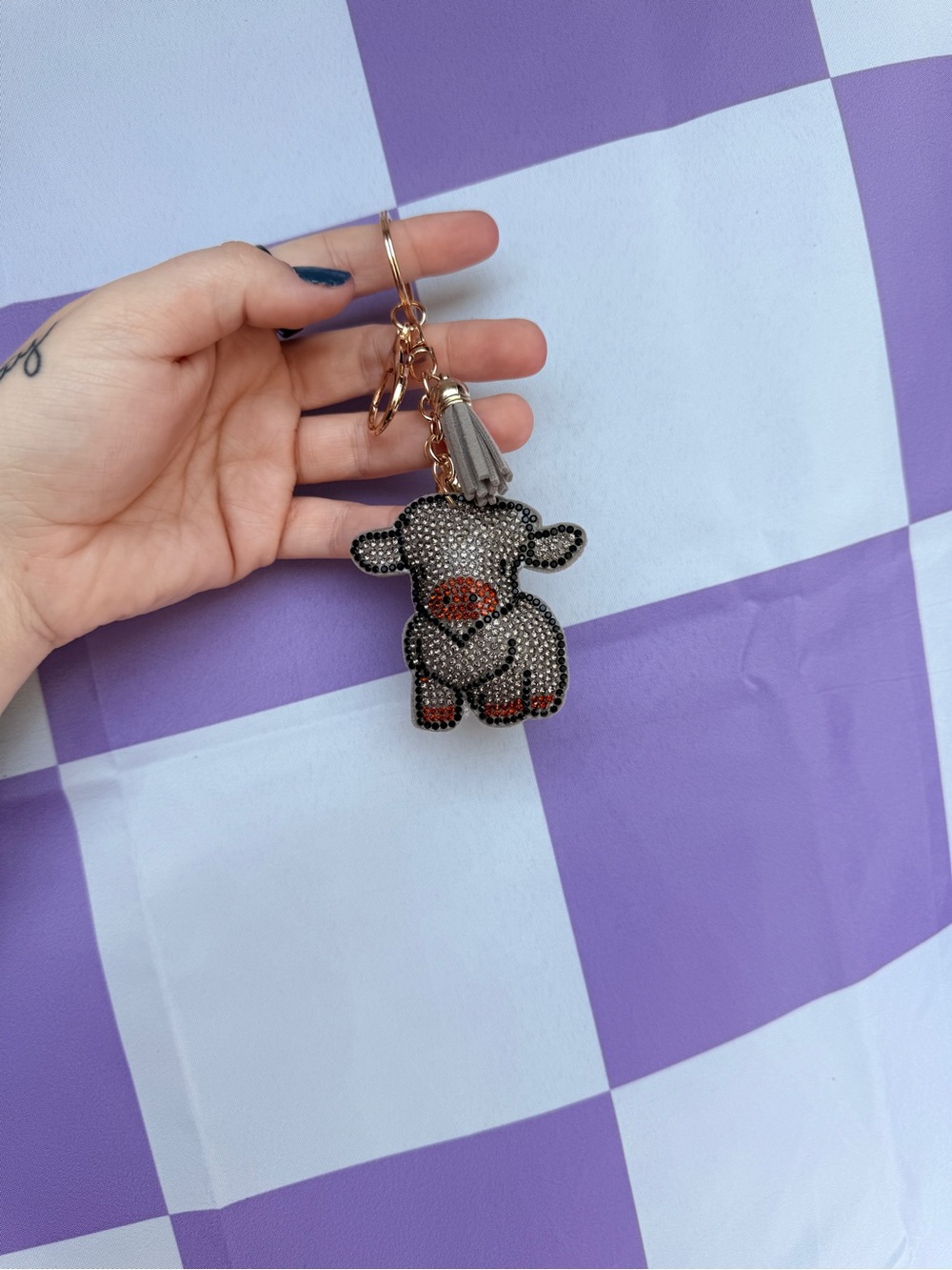 Beaded cow Keychain with Tassel - Gray